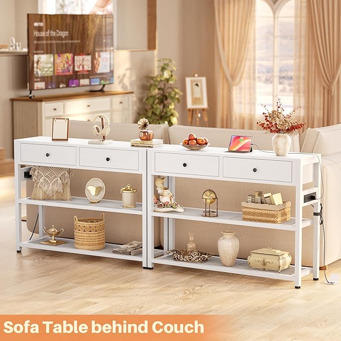Ecoprsio Entryway Table with Outlets and USB Ports, Console Table with 2 Drawers, Small Sofa Table with Storage Shelves for Living Room, Couch, Hallway, Foyer, Kitchen Counter, 32'', White