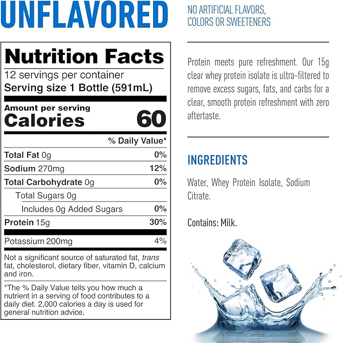 Isopure Clear Protein Water with Electrolytes, 15g Whey Protein Isolate, Zero Sugar, Unflavored, 20 fl oz Bottles, 12-Pack