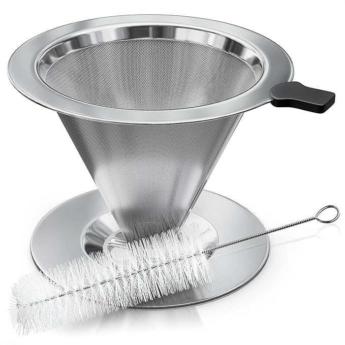 Stainless Steel Pour Over Coffee Maker With Cleaning Brush & Non-Slip Silicone Handle - 2 Cups Capacity Stainless Steel Pour Over Coffee Dripper With Secure Wide Base, Clean Flavor Paperless