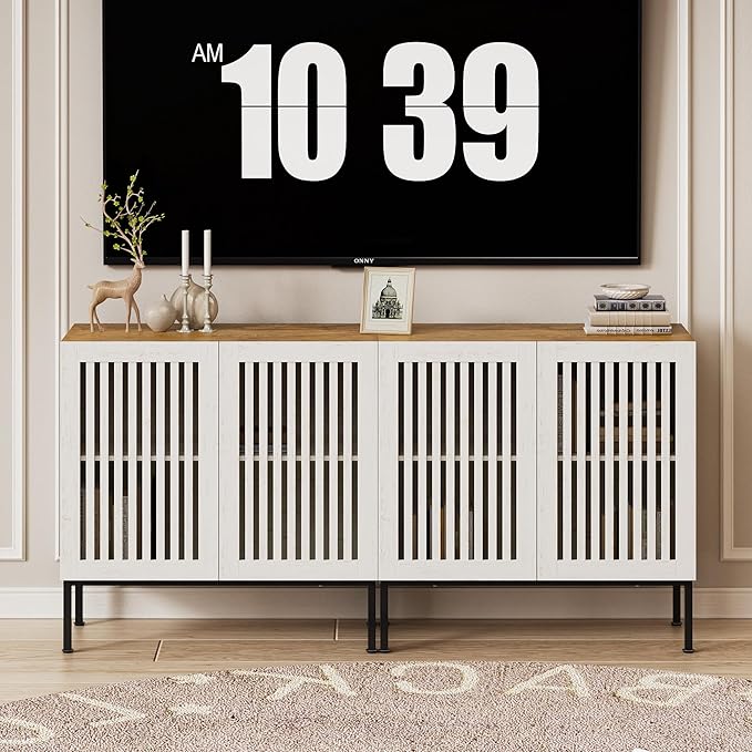 Set of 2 White Farmhouse Buffet Cabinet with Storage,Metal Base Console Table with Adjustable Shelves & 4 Doors, Antique White Sideboard for Kitchen, Dining Room, Living Room