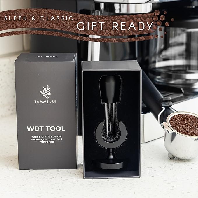 WDT Espresso Distribution Tool – 8 Needle Coffee Stirrer (0.35mm) with Magnetic Wall Mount – Professional Aluminum Espresso Leveler for Clump Breaking & Consistent Extraction – Black