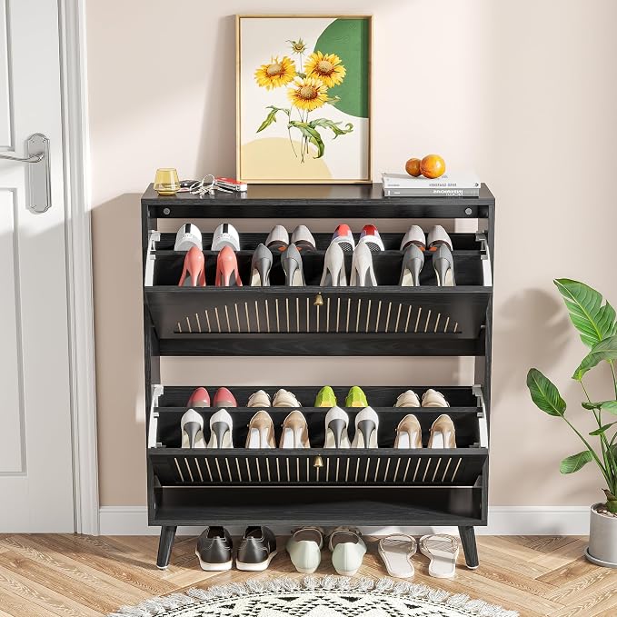 Fsbecl Shoe Storage Cabinet for Entryway with 2 Flip Drawers, Narrow Wood Shoe Cabinet with Fluted Panel, Freestanding Hidden Shoe Organizer for Foyer, Hallway (Black - with Shelf)