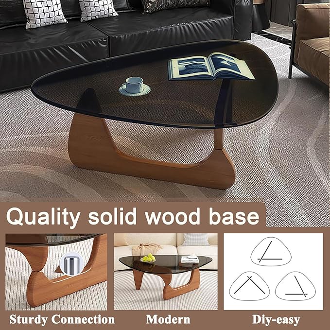 Mid Century Modern Glass Coffee Table, Coffee Table for Living Room, Brown Glass Coffee Tables,Suitable for Bedroom Living Room Reception Office Tables (Walnut/Grey, Medium 35.8 * 25.5 * 16in)