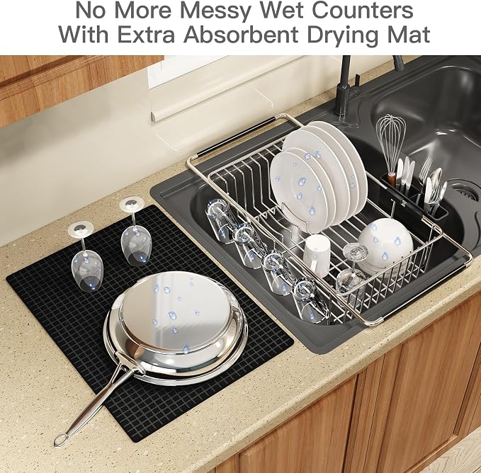 MAJALiS Dish Drying Rack Over The Sink with Utensil Holder, Mat | Expandable Stainless Steel Dish Drainer for Small Kitchen, Apartment, RV, Counter Space Saving, Perfect Fit, Rustproof