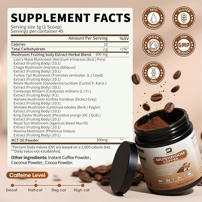 Mushroom Coffee Powder with MCT Oil - 10 Mushrooms Lion's Mane, Turkey Tail, Reishi, Cordyceps & Chaga - Arabica Instant Mushroom Coffee for Focus, Immune, Gut & Brain Health | Vegan, Keto