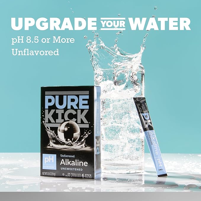 Pure Kick Alkaline pH 8.5 or Higher Powdered Drink Mix Packets, Unsweetened & Unflavored, 72 Total Packets (12 Boxes, 6 Packets Each), Singles to Go!
