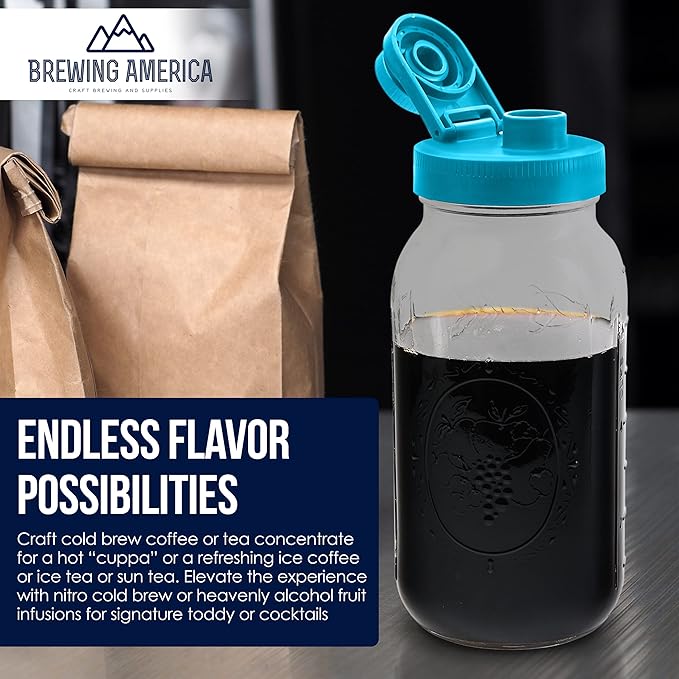 Brewing America Mason Jar Cold Brew Coffee Maker Infuser: Made in USA Wide Mouth Mason Jar with Screw Top Pour and Drinking Lid, Stainless Steel Filter - Coffee, Tea, Alcohol - 2 Quart 64 oz Teal Lid