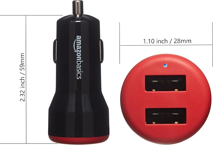 Amazon Basics 24W Dual USB Car Charger for Phones, 2-Port USB-A with LED Indicator, Small Size, Low Profile, Compatible with iPhone 16/15/14/13/12/11/X, Samsung, and more, Black/Red