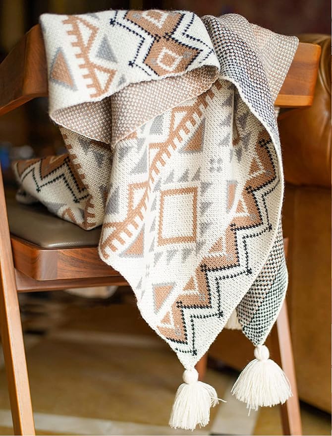 Brown Queen Size Knitted Tassel Boho Soft Lightweight Vintage Tan Throw Blanket for Sofa Couch Bed and Living Room- All Seasons (60x80 Inch)