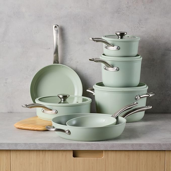 Circulon Halo with LaserDefense Ceramic Nonstick Cookware Set, 11-Piece Pots and Pans Set, Sage