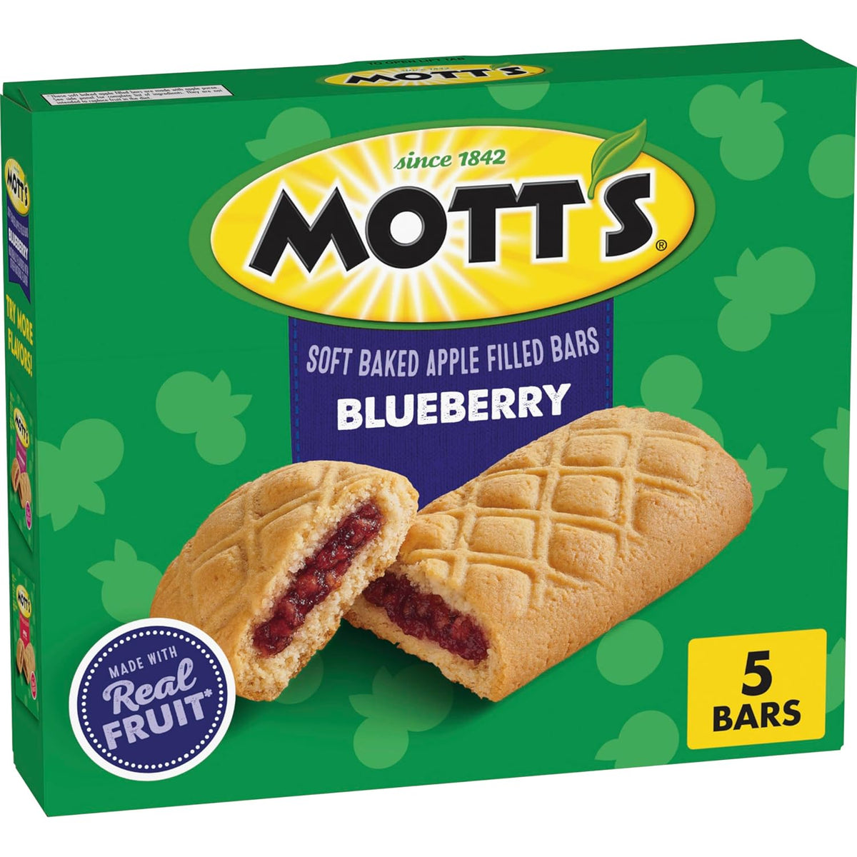 Mott's Soft Baked Apple Filled Bars, Blueberry Flavor Snacks, Made with Real Fruit, 5 Ct, 6.55 oz
