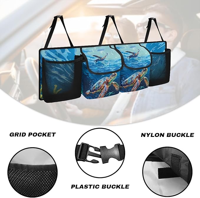 CLOHOMIN Blue Sea Turtle Car Organizer for SUV Sedan Truck Hanging Cargo Storage Bag with 4 Pockets Blue Ocean Car Trunk Backseat Organizer Multi Trunk Organizer Decor
