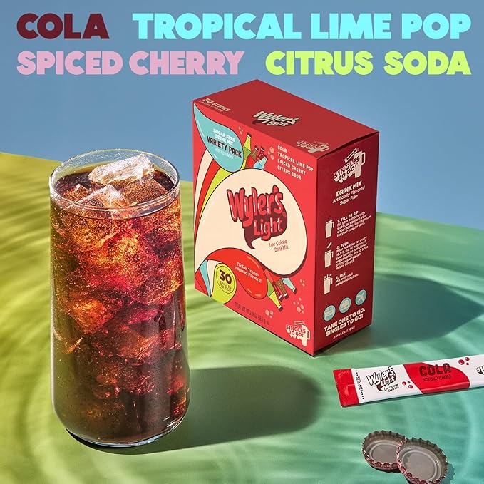 Wyler’s Light Singles To Go Water Drink Mix, Soda-Inspired Flavor Pack, 30 Sticks (Cola, Tropical Lime Pop, Spiced Cherry, Citrus Soda), Sugar Free, Low Calorie