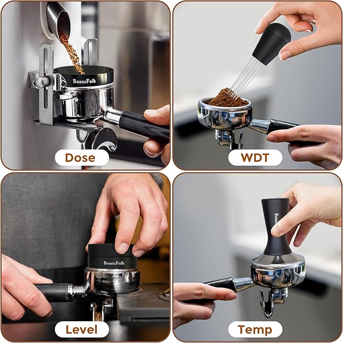 8-Piece Espresso Accessories Set – 53 mm Tools for 54 mm Portafilters – Tamper Station, Coffee Tamper, Distributor/Leveler, WDT Tool, Dosing Ring, Cleaning Brush, Puck Screen & Silicone Mat.
