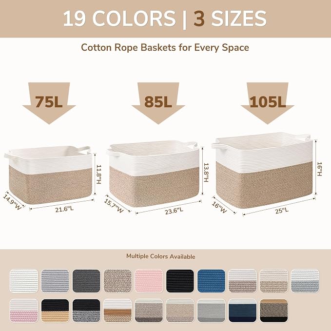Goodpick 85L Large Woven Blanket Basket 23.6" x 15.7" x 13.8" Cotton Rope Storage Organizer for Dirty Clothes Pillows, Rectangle Toy Storage Basket for Nursery Bedroom, Gray