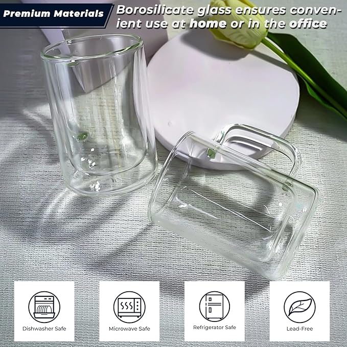 Aquach 12 oz Double Walled Glass Coffee Mugs with Handle, 2-Pack - Ideal for Latte, Cappuccino and Tea