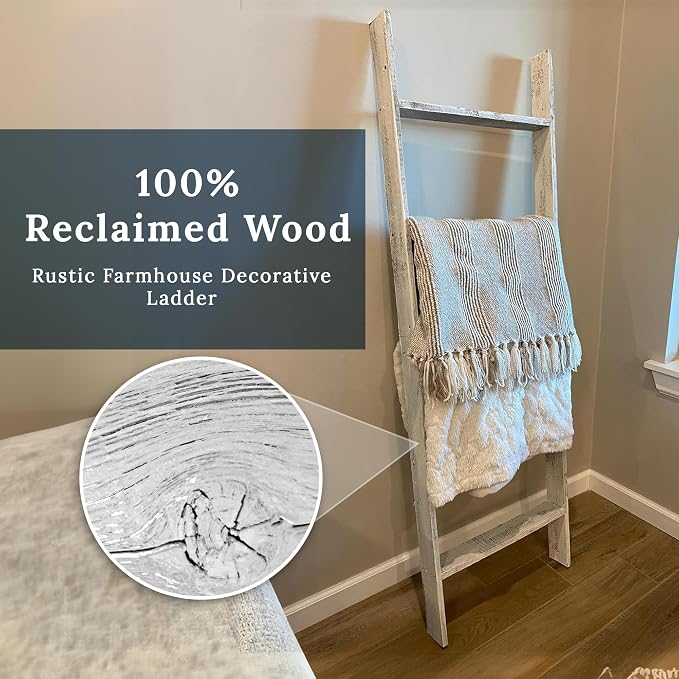 BARNWOODUSA Throw Blanket Ladder – Fully Assembled Reclaimed Wood – Rustic Decorative Ladder for Towels, Quilts, & More – Perfect Farmhouse Decor for Bathroom, Porch, or Living Room,5ft18.