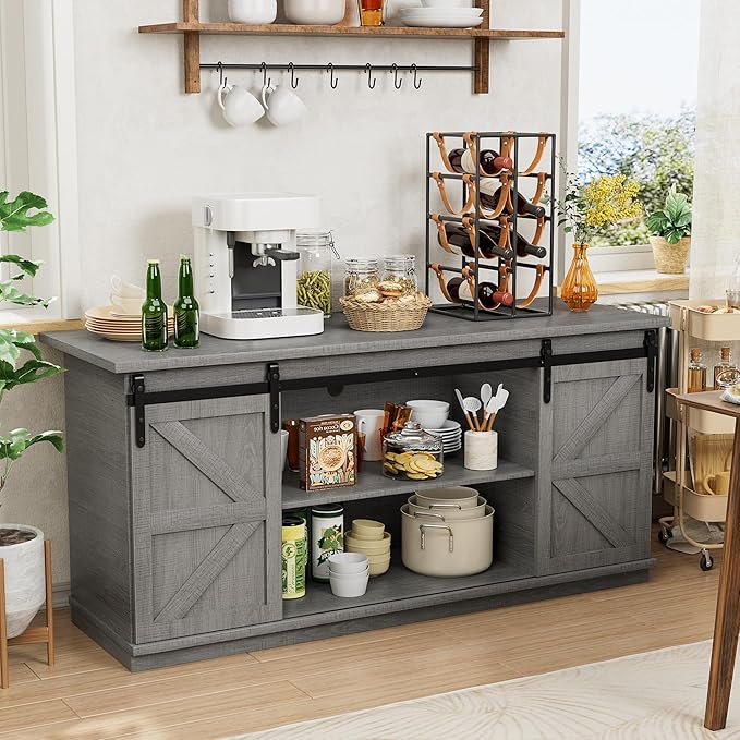Shahoo Farmhouse Sideboard Buffet Cabinet, Coffee Bar Storage with Sliding Barn Doors, Shelf for Home Dining Room, Grey