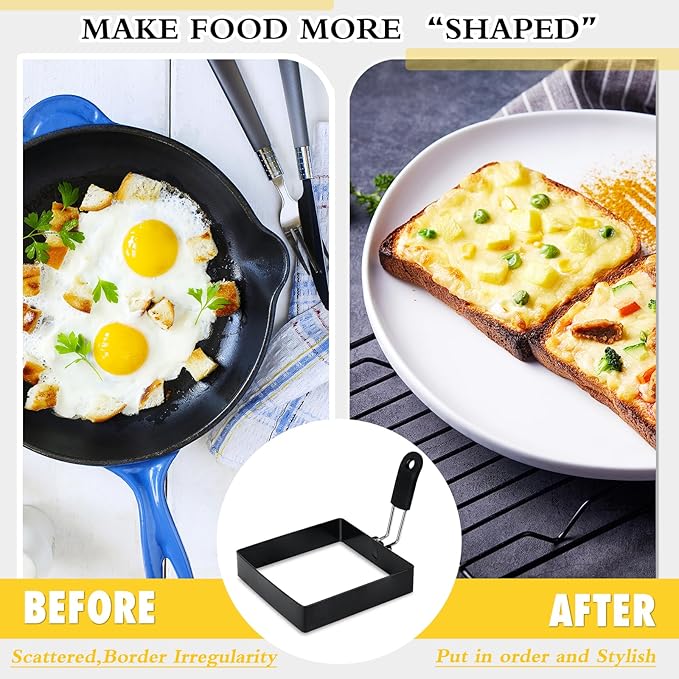 4'' Square Egg Rings with Silicone Handle, Stainless Steel Egg Cooking Rings，Nonstick，For Frying Eggs and English Muffins Pancake, Egg Mold Shaper For Breakfast