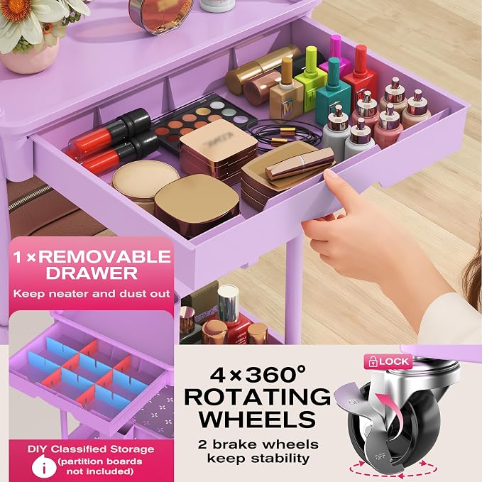 Goovilla Rolling Makeup Organizer Cart with Removable Drawer, 3 Tier Stable Purple Floor Skincare Storage Cart for Vanity, Cosmetic Display, Nail Polish, Perfume, Hair Stuff, Beauty, Bathroom(Plastic)