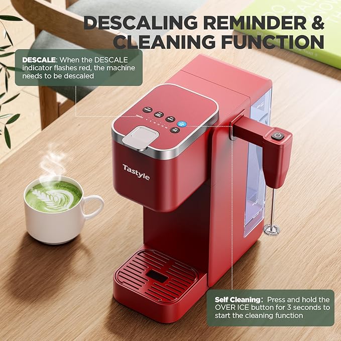 Single Serve Coffee Maker with Built-in Detachable Milk Frother, Iced and Hot Coffee Machine for K Cup & Grounds, 40oz Removable Water Reservoir, 6 Cup Sizes, Fits 7.3" Travel Mug, Red