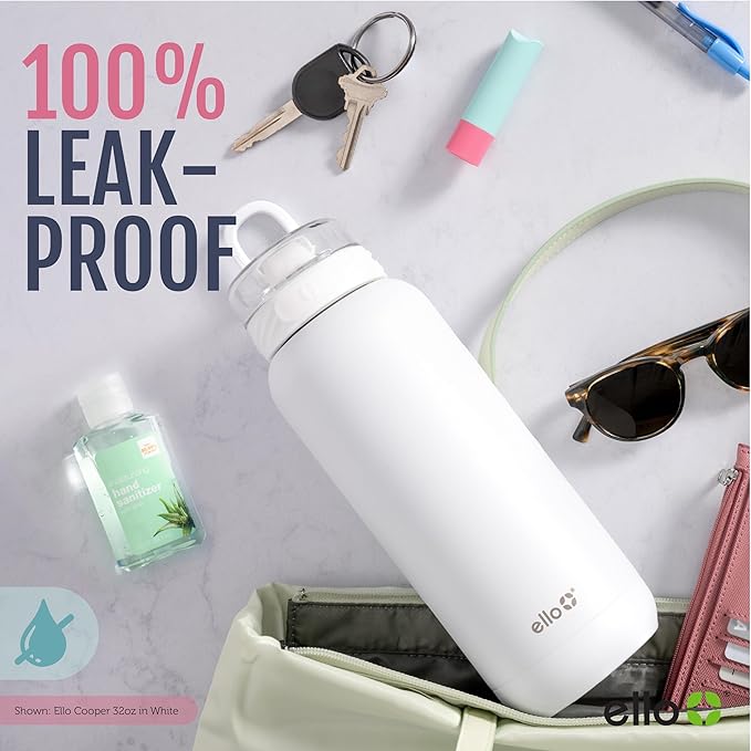 Ello Cooper 32oz Stainless Steel Water Bottle with Straw and Carry Handle, Double Walled and Vacuum Insulated Metal, Leak Proof Locking Lid with Soft Silicone Spout, Reusable, BPA Free, Antigua