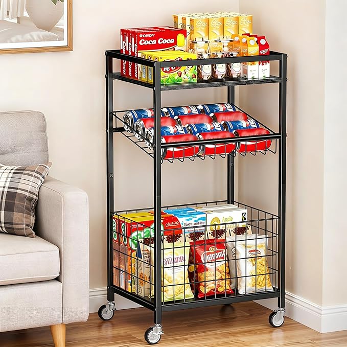 Fruit Vegetable Cart, 3-Tier Snack Kitchen Cart on Wheels & Wood Top, Utility Shelf Rack Organizer for Fruit, Vegetables, Potato, Snack, Black