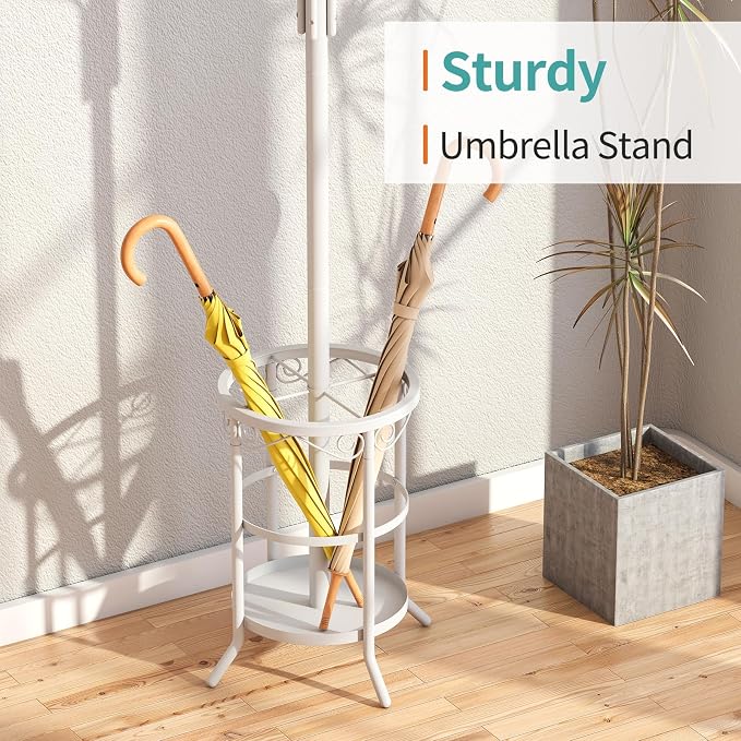 Coat Rack with Umbrella Holder, White Metal Coat Rack Stand with 12 Hooks, for Entryway, Hallway, Living Room, Bedroom