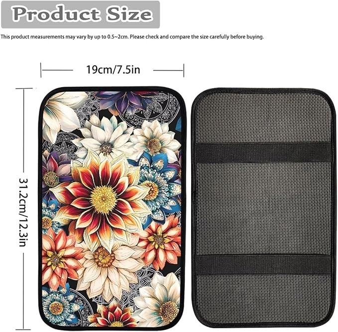 Boho Floral Armrest Cover for Car,Soft Car Center Console Covers,Universal Cars Interior Accessories Decor