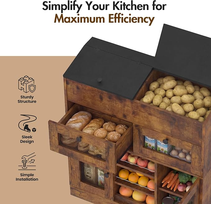 Wooden Potato and Onion Storage Bin with Lid, Potato Bin with 2 Mesh Drawers, 5-Tier Fruit & Vegetable Cabinet with Mesh Doors, Rustic Kitchen Organizer with Adjustable Shelves for Pantry (31.9")