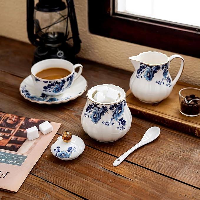 Ceramic Sugar and Creamer Set, 3 Piece with Cream Pitcher, Sugar Bowl with Lid and Spoon,Coffee and Tea Serving Set (White with blue flower)