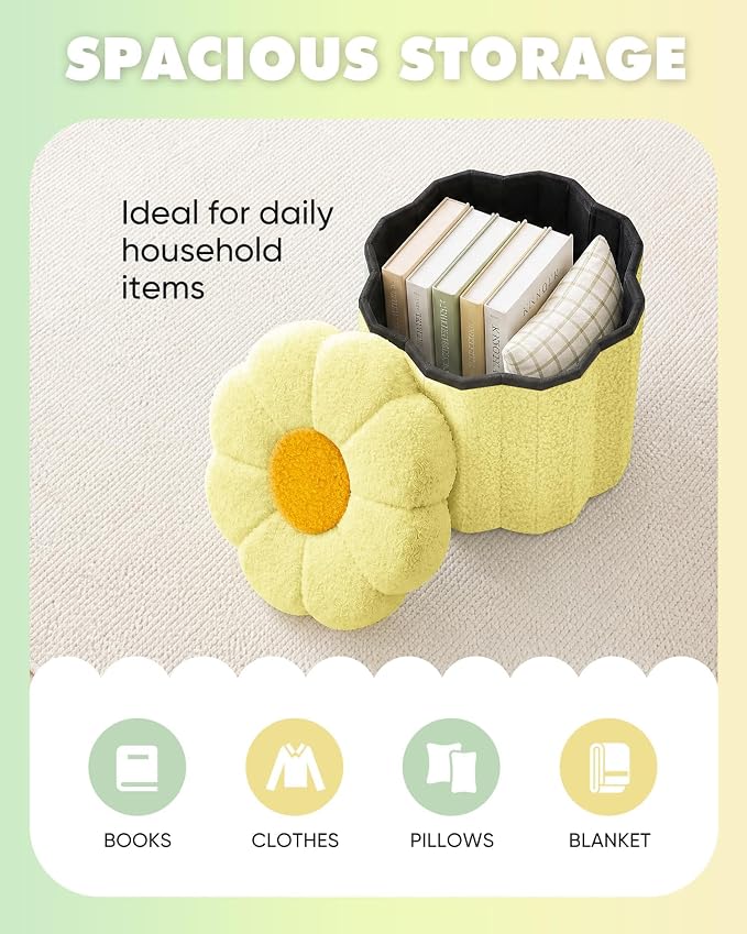 B FSOBEIIALEO Storage Ottoman Foldable, Sunflower Shaped Small Footrest Collapsible Folding Seat Bench for Bedroom Living Room Entryway, Faux Teddy Fur, Yellow 12.6"x12.6"x11.4"