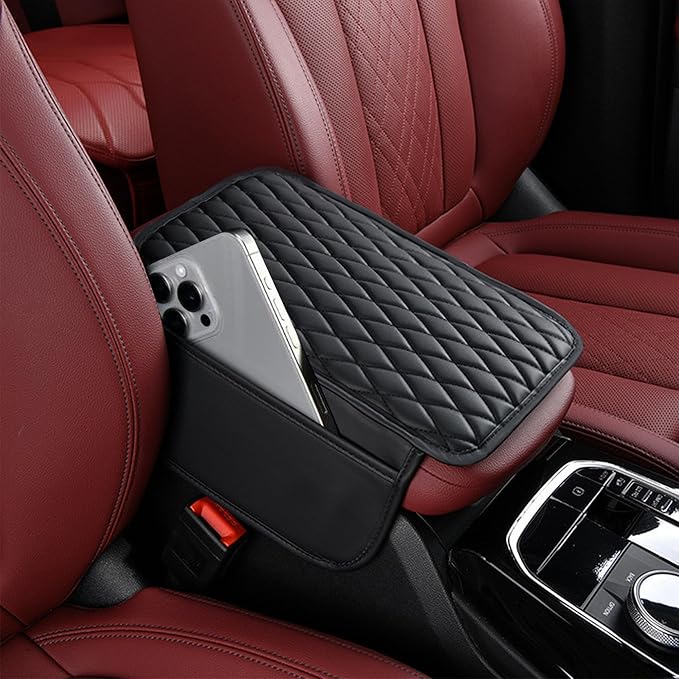 Car Center Console Cover, Upgraded Leather Armrest Seat Box Cover with 2 Storage Bags, Universal Waterproof Car Armrest Cushion Comfortable Accessories for Most Vehicles (Black)