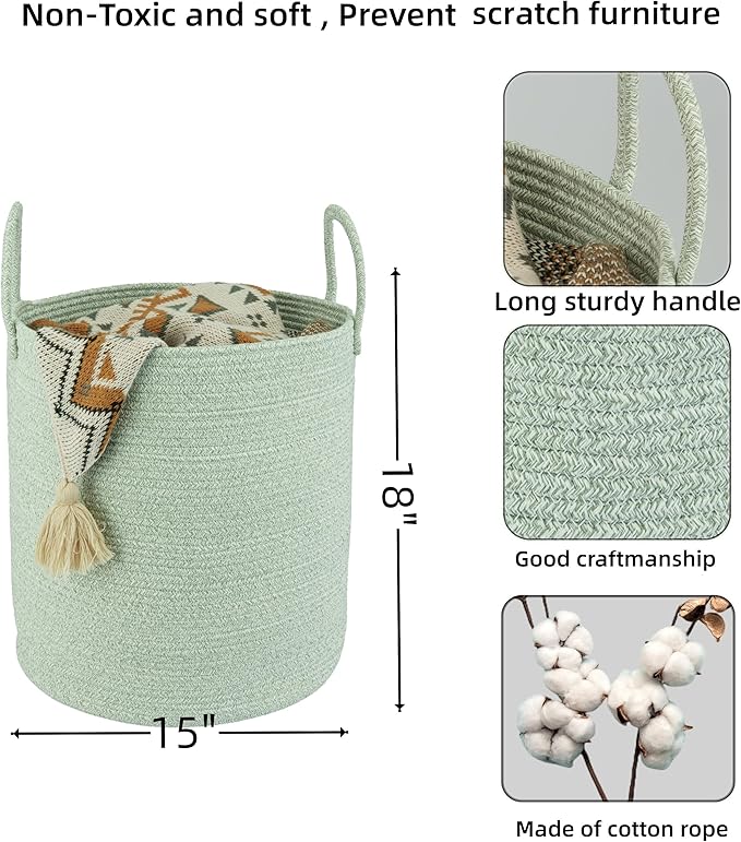 XUANGUO Cotton Rope Laundry Basket Hamper for Clothes Woven Storage Basket for Living Room Bedroom Boho Tall Rope Baskets for Blanket Toys Pillow Towels Baby Nursery Hamper Bin green