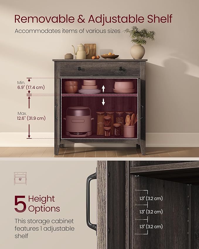 VASAGLE LIRY Collection - Buffet Cabinet, Coffee Bar Cabinet with a Drawer, Adjustable Shelf, Sideboard Storage with Cable Hole, Drawer Divider, Taupe Brown UBBK341TA01S