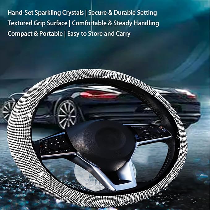 Bling Diamond Steering Wheel Cover, Universal Fit 14.5-15 Inch, Elastic No Inner Ring, All Season Car Decor(Pink)