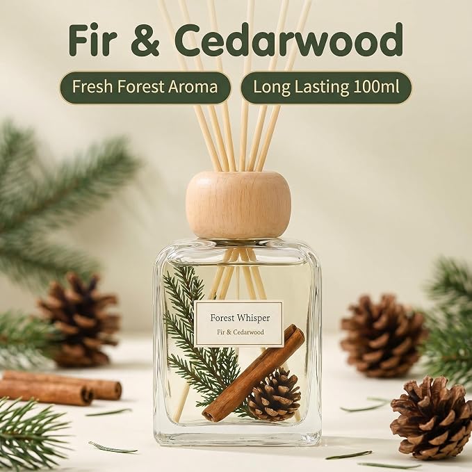 Fir Reed Diffuser, Woody Forest Home Fragrance for Bedroom Bathroom & Living Room, Long Lasting Essential Oil Diffuser Sticks up to 120 Days, Non Toxic Pet & Kid Friendly, IFRA Compliant, 3.4 FL OZ
