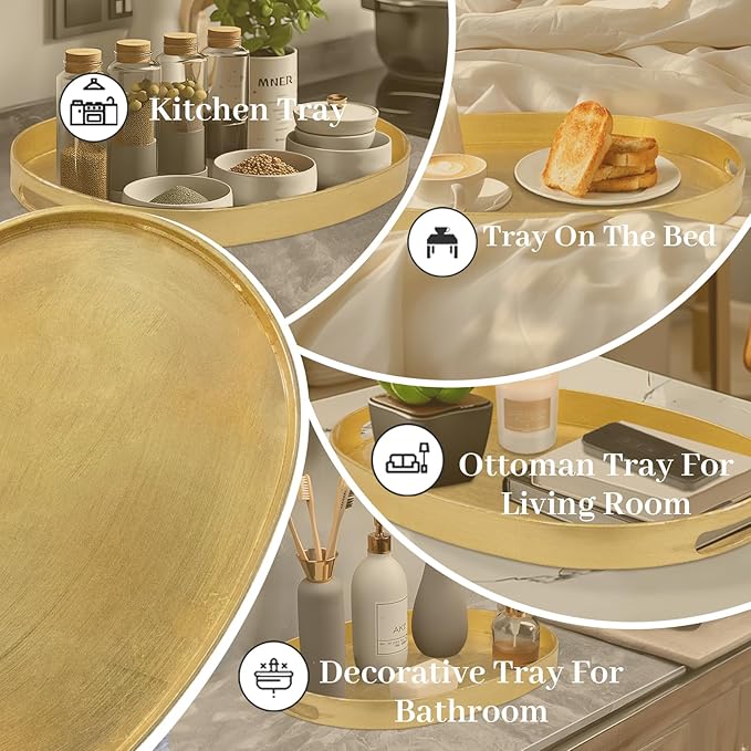MAONAME Gold Decorative Tray with Handles, Foil Serving Tray for Ottoman, Oval Coffee Table Trays for Living Room, Bathroom, 15.6" L x 10.6" W x 1.4" H