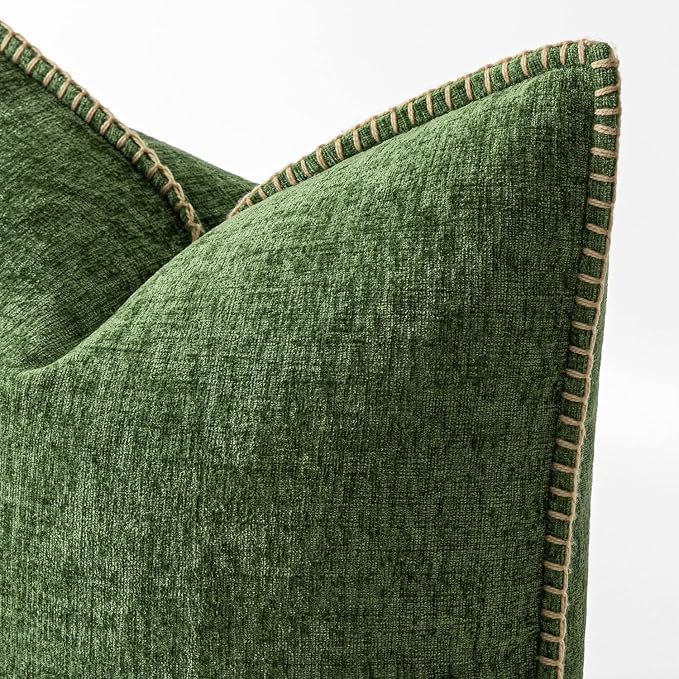 MIULEE Pack of 2 Couch Pillow Covers 20x20 Inch Moss Green Farmhouse Decorative Throw Pillow Covers with Stitched Edge Soft Chenille Solid Dyed Pillow Covers for Sofa Bed Living Room, Forest Green