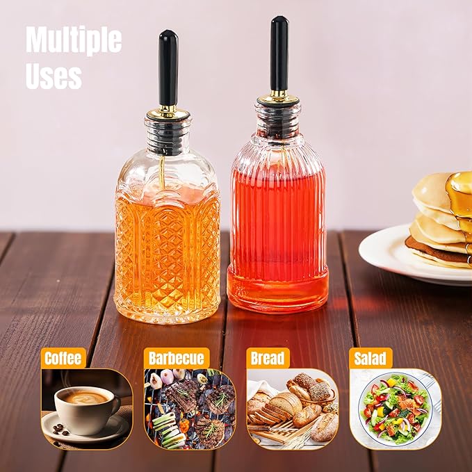 2-Pack Coffee Syrup Dispenser, 7 OZ/200ML Honey Dispenser, Small Syrup Bottles with Funnel & Extra Nozzles, Glass Syrup Dispenser for Coffee Shop, Home Kitchen