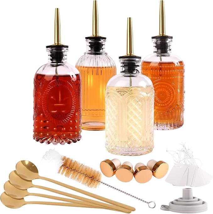 Glass Syrup Dispenser Set - 4 Pack 7oz Bottles with Metal Pour Spouts, Stoppers, Spoons for Coffee, Tea, Vanilla, Caramel, Honey