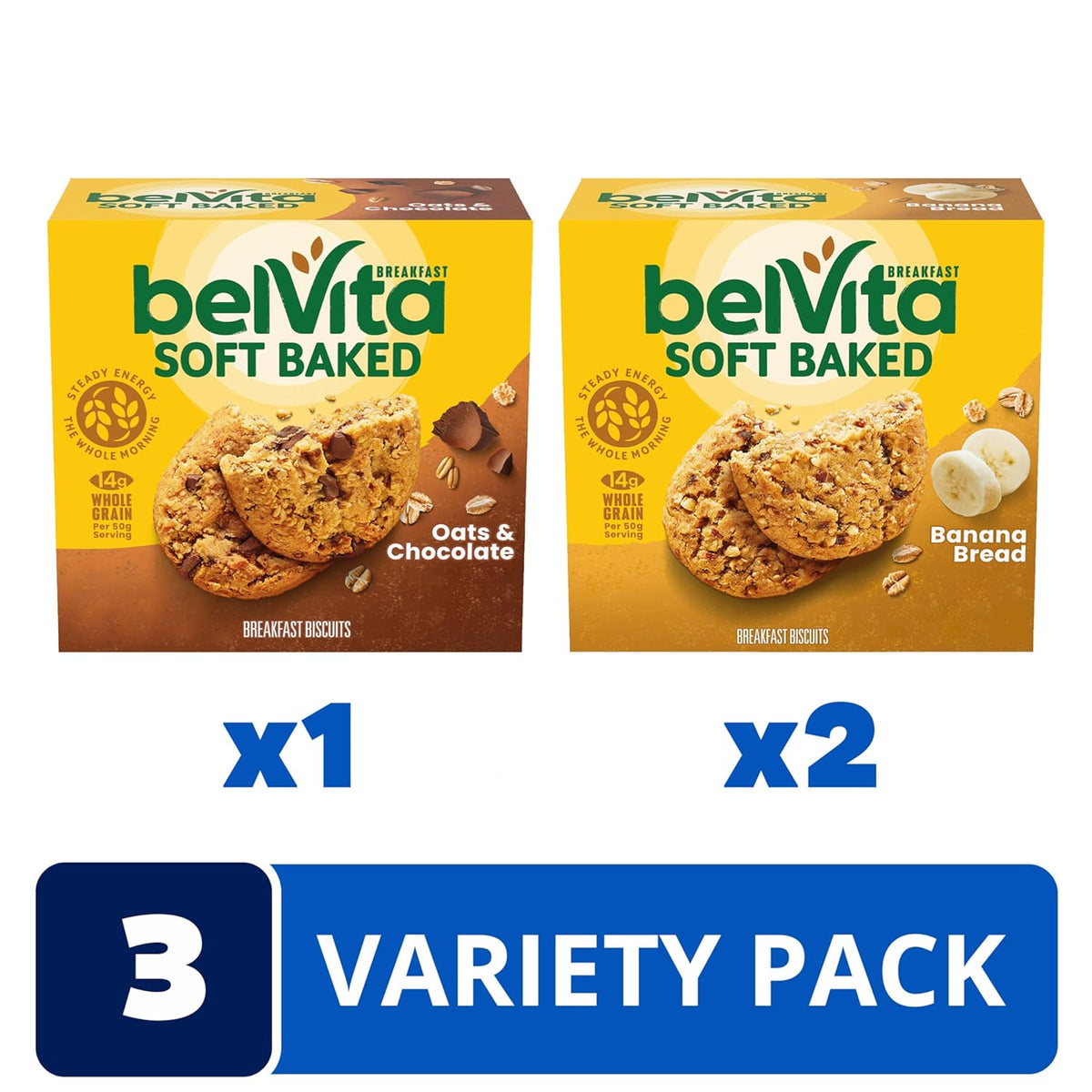 belVita Soft Baked Breakfast Bars Variety Pack, Banana Bread and Oats & Chocolate, 3 Boxes of 5 Packs (1 Biscuit Per Pack)