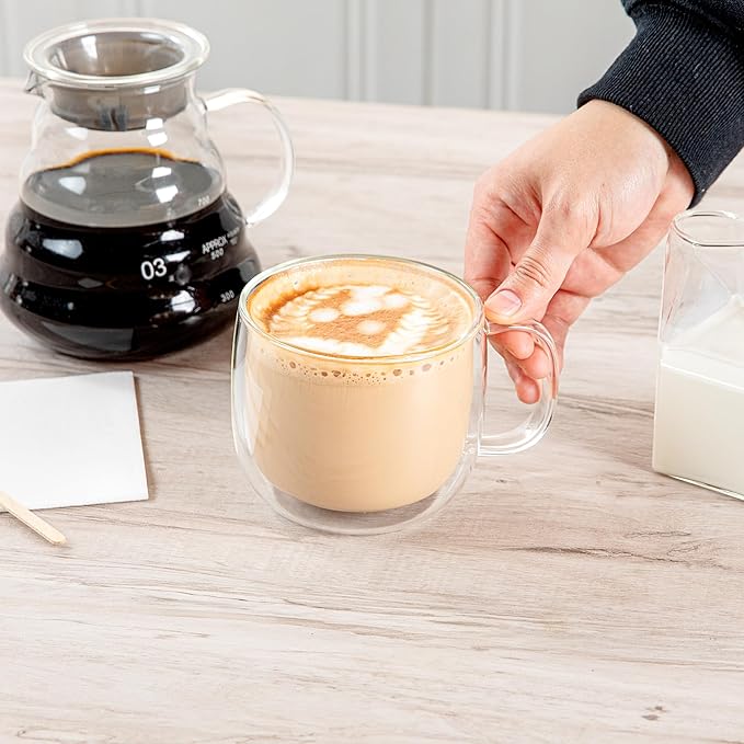 Restaurantware Glass Espresso Cups 12 Count 17 Ounces Borosilicate Double Wall Glass Coffee Mugs Insulated Clear Tea Drinkware for Hot or Cold Beverages