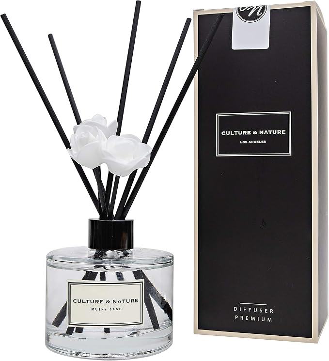 CULTURE & NATURE Reed Diffuser Set 6.7oz (200ml) Musky Sage Scented Diffuser with Sticks Home Fragrance Reed Diffuser for Bathroom Shelf Decor