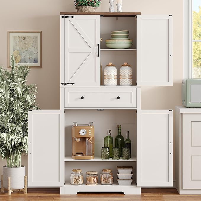 71" Tall Kitchen Pantry Storage Cabinet with Barn Doors and Shelves, White Farmhouse Linen Storage Cabinet With Drawers, Free standing Food Pantry Cabinets for Kitchen, Dining Room, Living Room