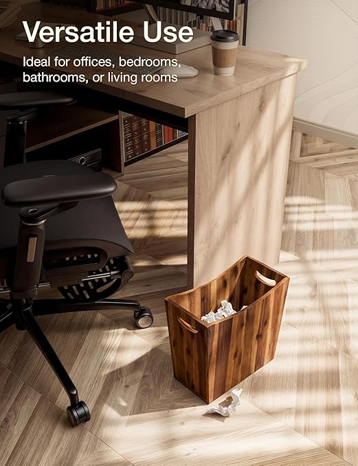 Tidita 3-Gallon Acacia Wood Wastebasket, Small Wood Trash Can with Handles | Acacia Wood, 13" L x 6.6" W x 13" H, Integrated Handles, Non-Slip, Rustic Style for Bathroom, Bedroom, Kitchen, Walnut Color