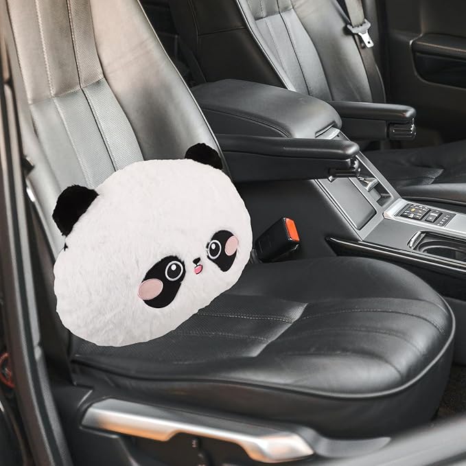 Mikinona Cartoon Panda Lumbar Support Pillow for Car Seat Cushion, Cute Panda Neck Pillow with Rabbit Hair Embroidery, Soft Round Waist Support for Driving and Office Use