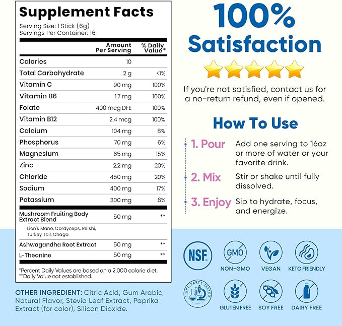 Venture Pal 2-in-1 Hydration Packets + Focus Support Electrolytes Powder, 7 Electrolytes + Vitamins, Magnesium, Lion's Mane & L-Theanine | Sugar Free Liquid Daily IV Drink Mix, Vegan, Keto, 16 Sticks