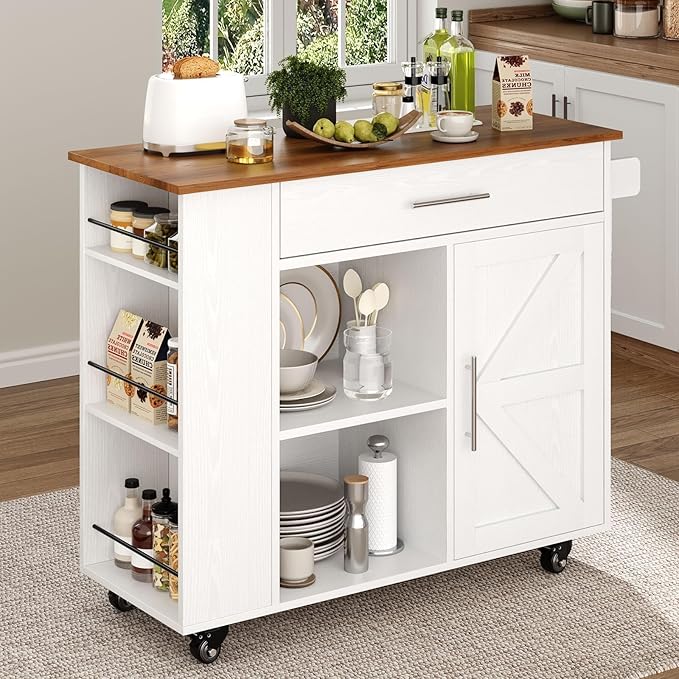 4 EVER WINNER Kitchen Island on Wheels with Storage, Kitchen Island Cart with Storage Cabinet, Spice Rack & Towel Rack & Drawer, Island Table for Kitchen with Open Shelves, White