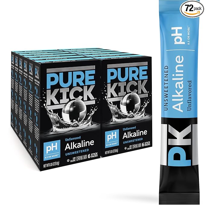 Pure Kick Alkaline pH 8.5 or Higher Powdered Drink Mix Packets, Unsweetened & Unflavored, 72 Total Packets (12 Boxes, 6 Packets Each), Singles to Go!